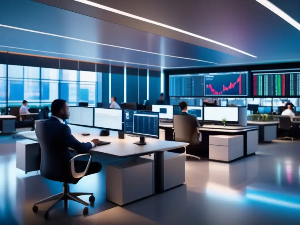 Moderna sala de trading 8k con traders analizando datos de mercado Estrategias de negociación en bolsa en moderna sala de trading con traders, monitores y vista panorámica a la ciudad