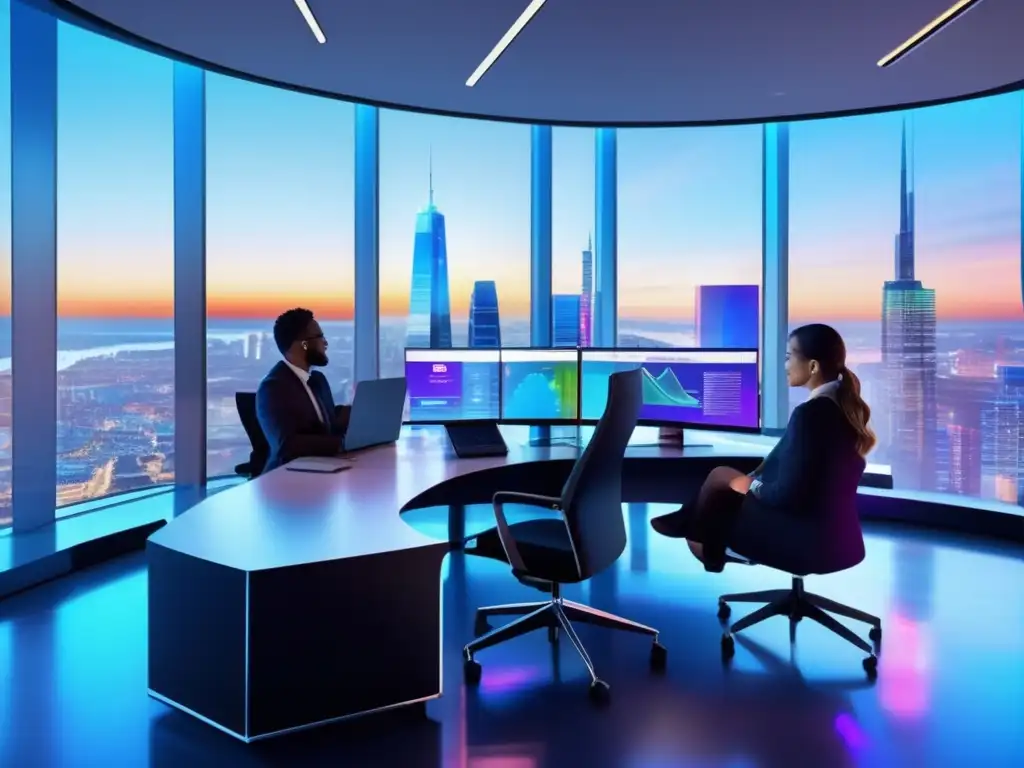 Oficina futurista con tecnología avanzada Estrategias de inversión en Roboadvisors: oficina moderna con tecnología avanzada y profesionales analizando datos financieros