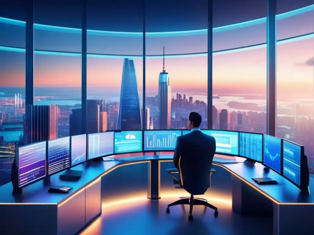 Futuro trading floor con vista panorámica de la ciudad Estrategias Parabolic SAR: Futuro trading floor con vista panorámica de la ciudad, traders analizando datos y aplicando tecnología de vanguardia