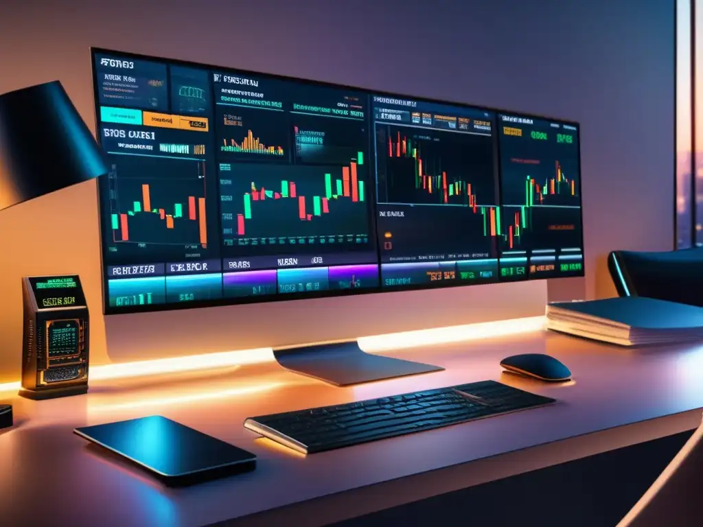 Escritorio de trading Forex de alta tecnología Estrategias Forex para principiantes: Escena 8k detallada de trading con elegante escritorio, tecnología avanzada y operaciones expertas