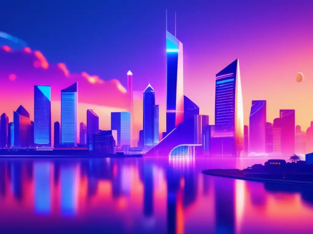 Ciudad financiera futurista con rascacielos y tecnología avanzada Estrategias rentables de inversión en una ciudad financiera futurista al atardecer