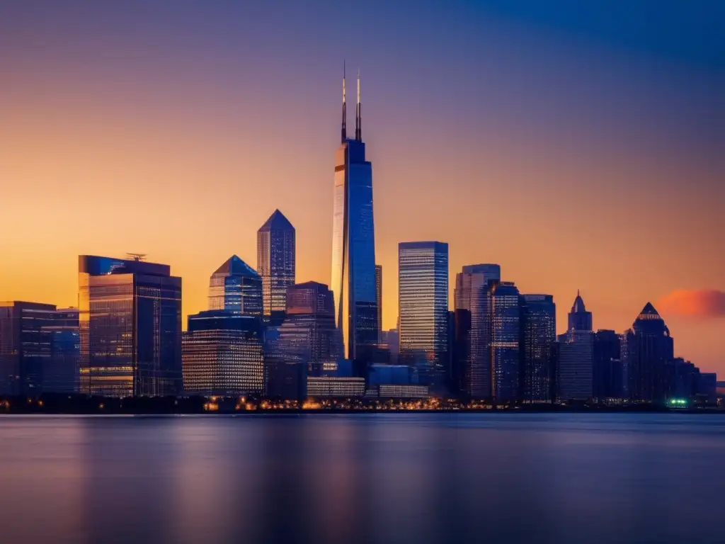 Rascacielos dorados en la ciudad al anochecer Estrategias de gestión de riesgos financieros en un skyline de rascacielos al atardecer