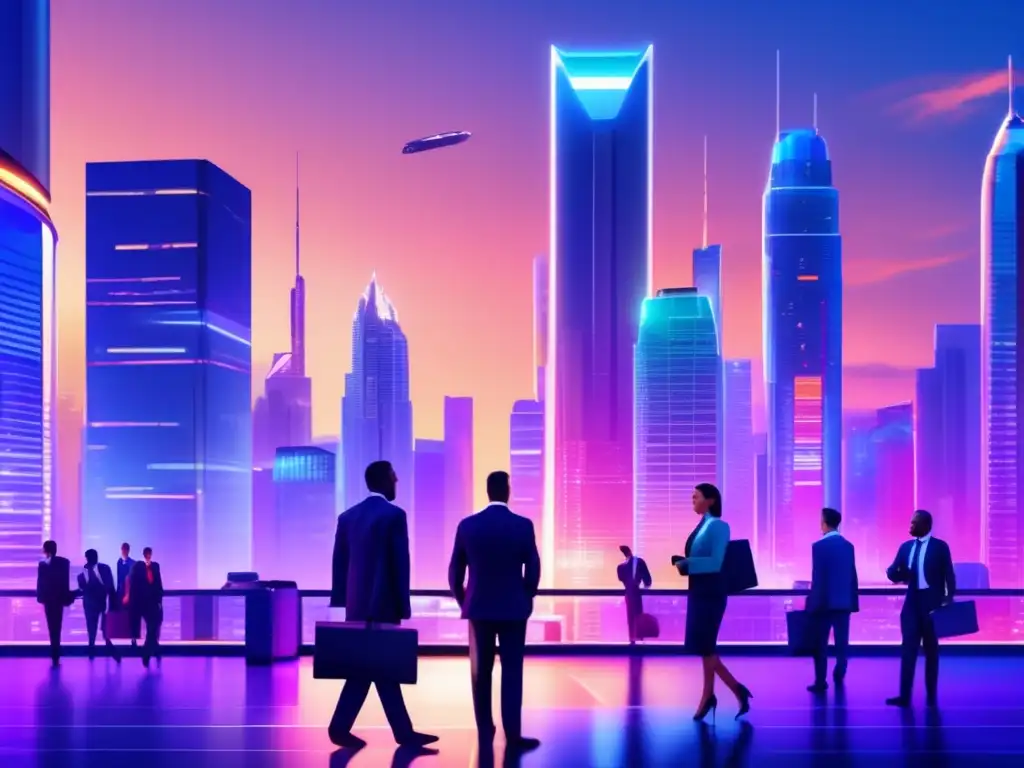 Ultramoderno paisaje financiero de riesgos Estrategias de gestión de riesgos en inversiones en una ciudad financiera futurista al anochecer