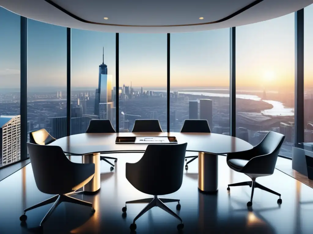 Oficina moderna con vista panorámica Estrategias de gestión de riesgos para inversores en una moderna sala de juntas con vista panorámica a la ciudad-