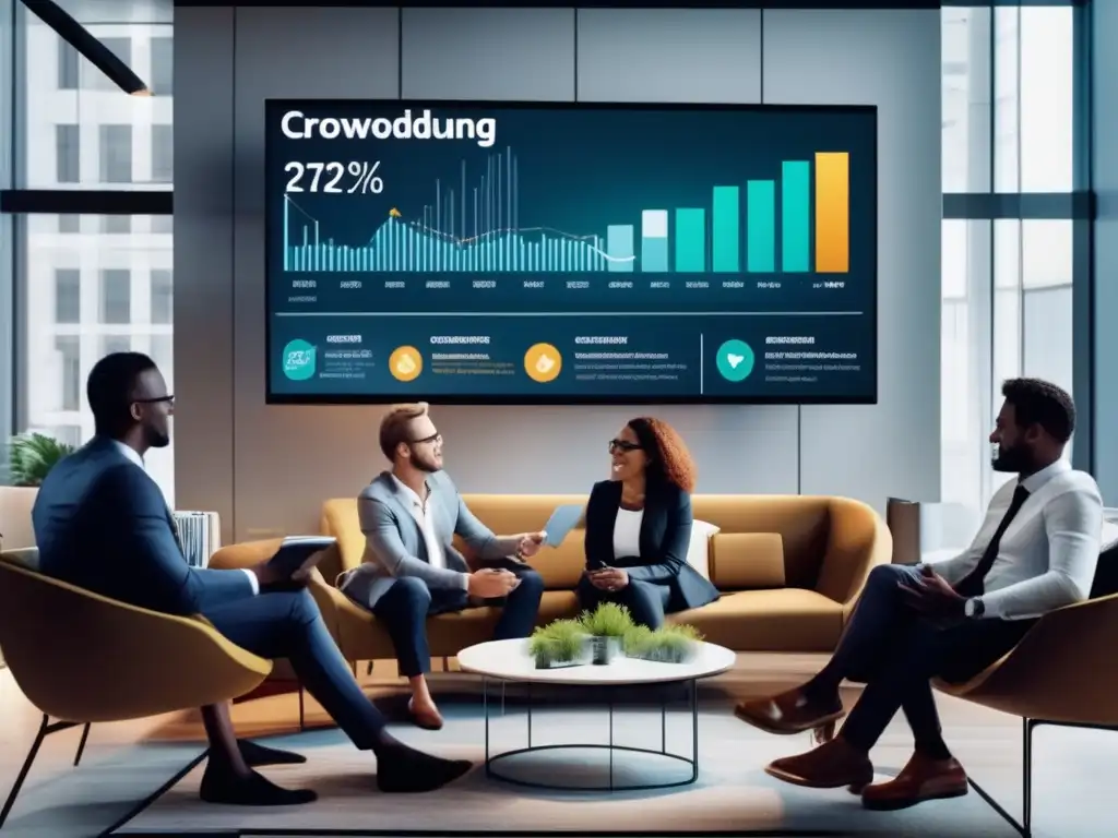 Grupo diverso discutiendo inversiones en oficina moderna Estrategias de seguridad en crowdfunding: oficina moderna, inversores colaborando, pantalla digital con estadísticas y gráficos
