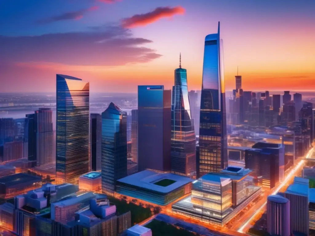 Ciudad moderna al atardecer Estrategias de inversión sostenible 2023: Ciudad atardecer con rascacielos, oficinas y sede corporativa