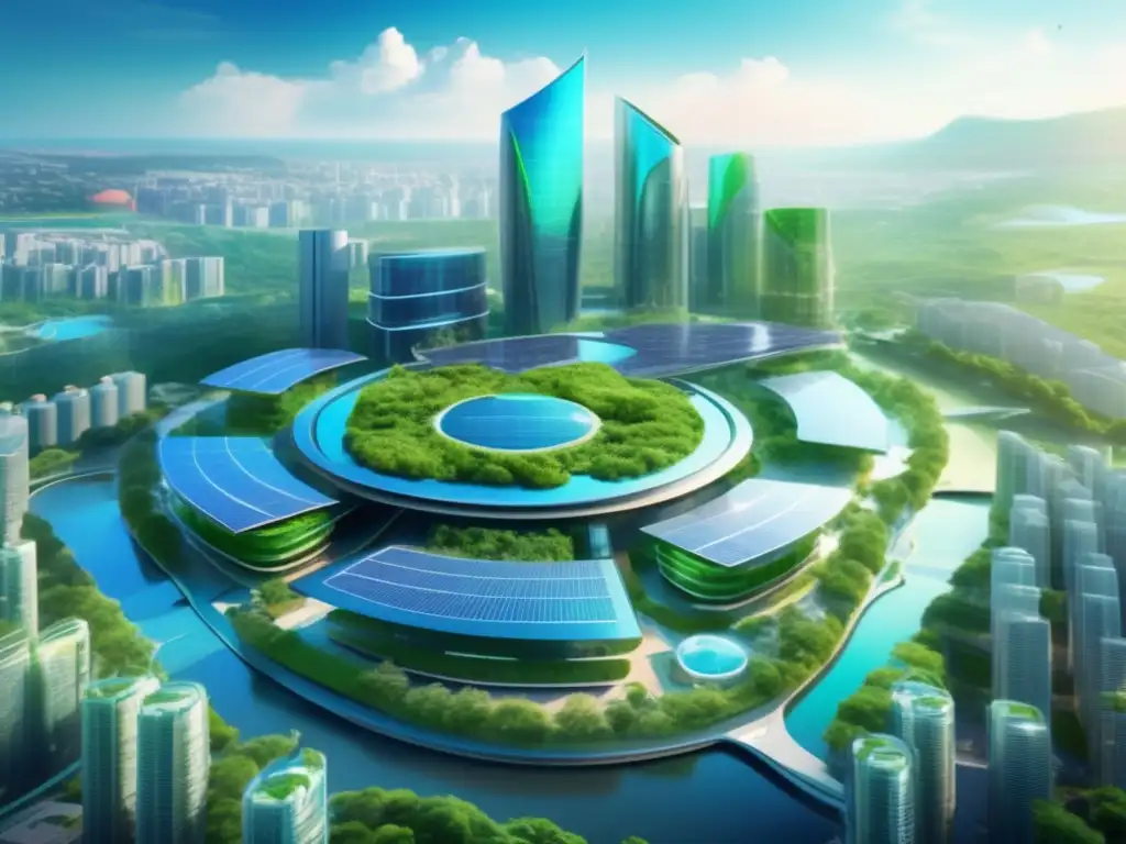 Ciudad futurista con inversiones sostenibles Estrategias de inversión sostenible 2023 en futurista ciudad con hospital ecofriendly, tecnología avanzada y mercado orgánico