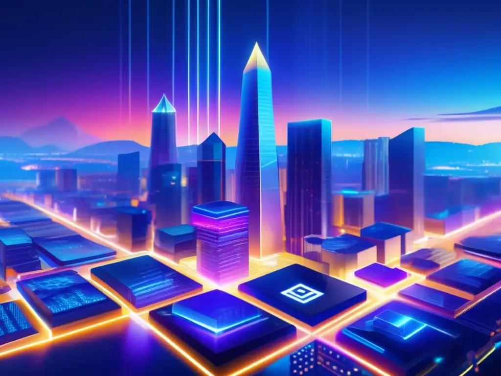 Paisaje futurista de criptomonedas Estrategias staking criptomonedas: paisaje futurista con rascacielos blockchain, luces vibrantes y personas discutiendo