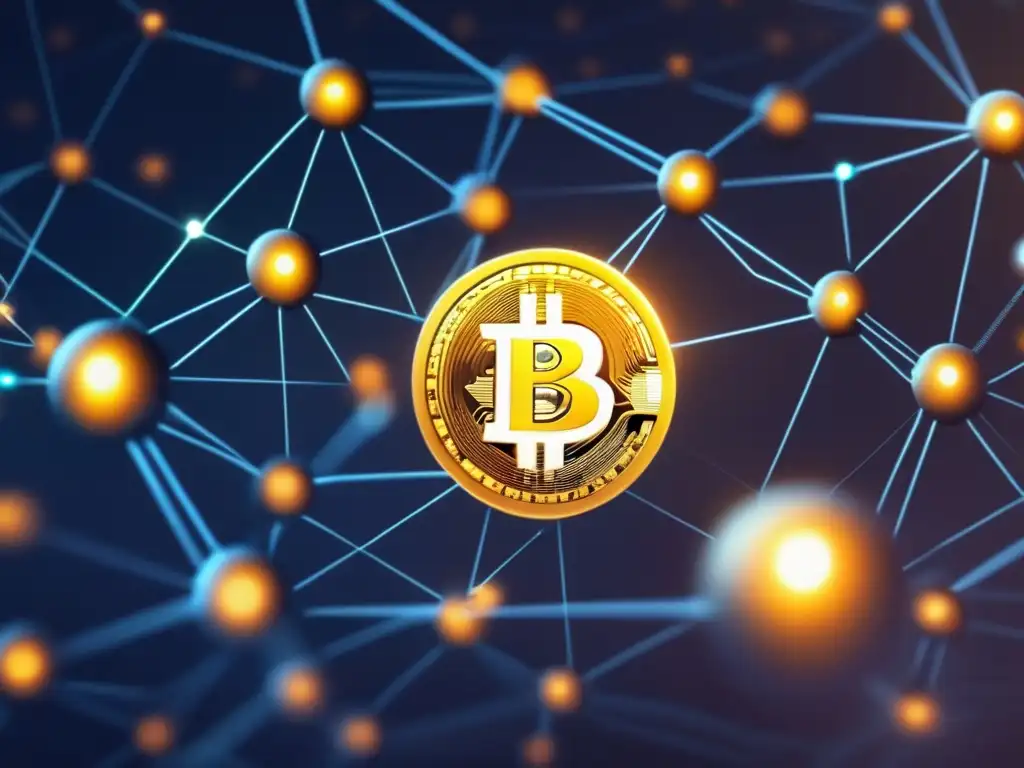 Conexiones seguras de criptomoneda Estrategias de staking en criptomonedas: Red segura y estable con criptodivisas representadas por orbes brillantes