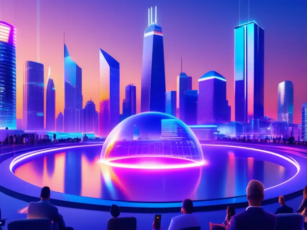 Futuro ciudad con inversores y criptomonedas Estrategias de Staking para Inversores Experimentados en una ciudad futurista con rascacielos holográficos y criptomonedas