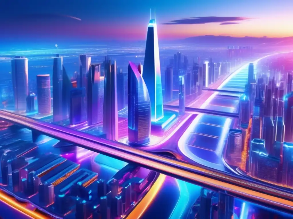Futurista ciudad con rascacielos de cristal y luces LED Estrategias de trading altcoins en paisaje digital futurista