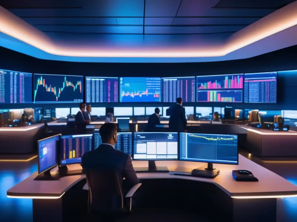 Futuro trading floor de criptomonedas Estrategias de trading altcoins en una sala de operaciones futurista y sofisticada