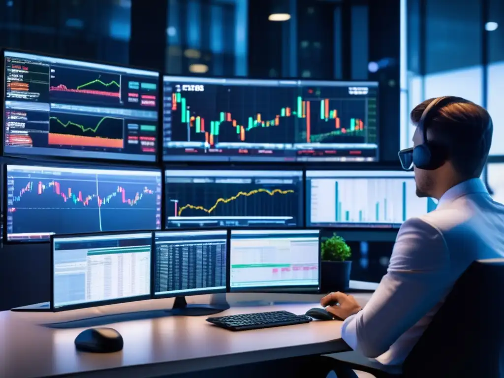 Trading en Forex con tecnología avanzada y traders expertos Estrategias de trading automatizadas Forex en un moderno escritorio de operaciones con monitores futuristas que muestran datos en tiempo real