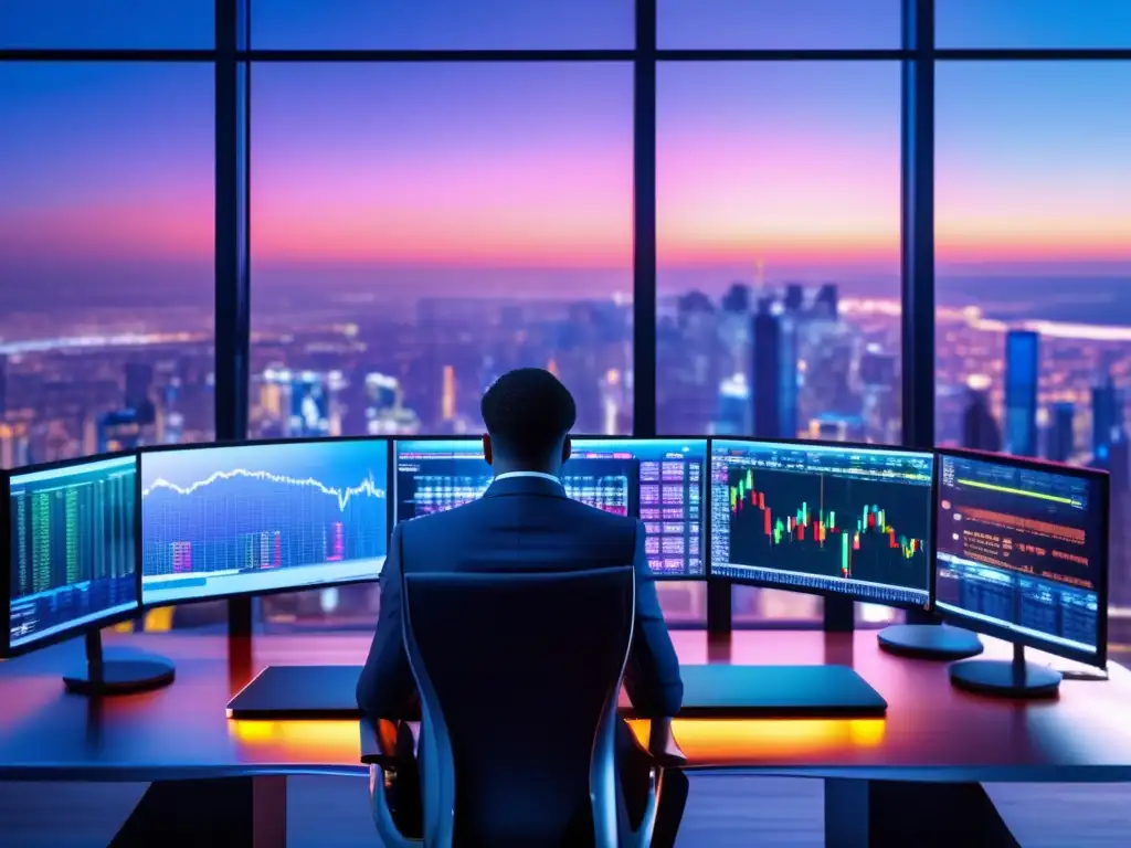 Trading desk moderno en la ciudad al atardecer Estrategias trading automatizadas Forex: Escenario trading ultradetallado con tecnología avanzada y ciudad al atardecer
