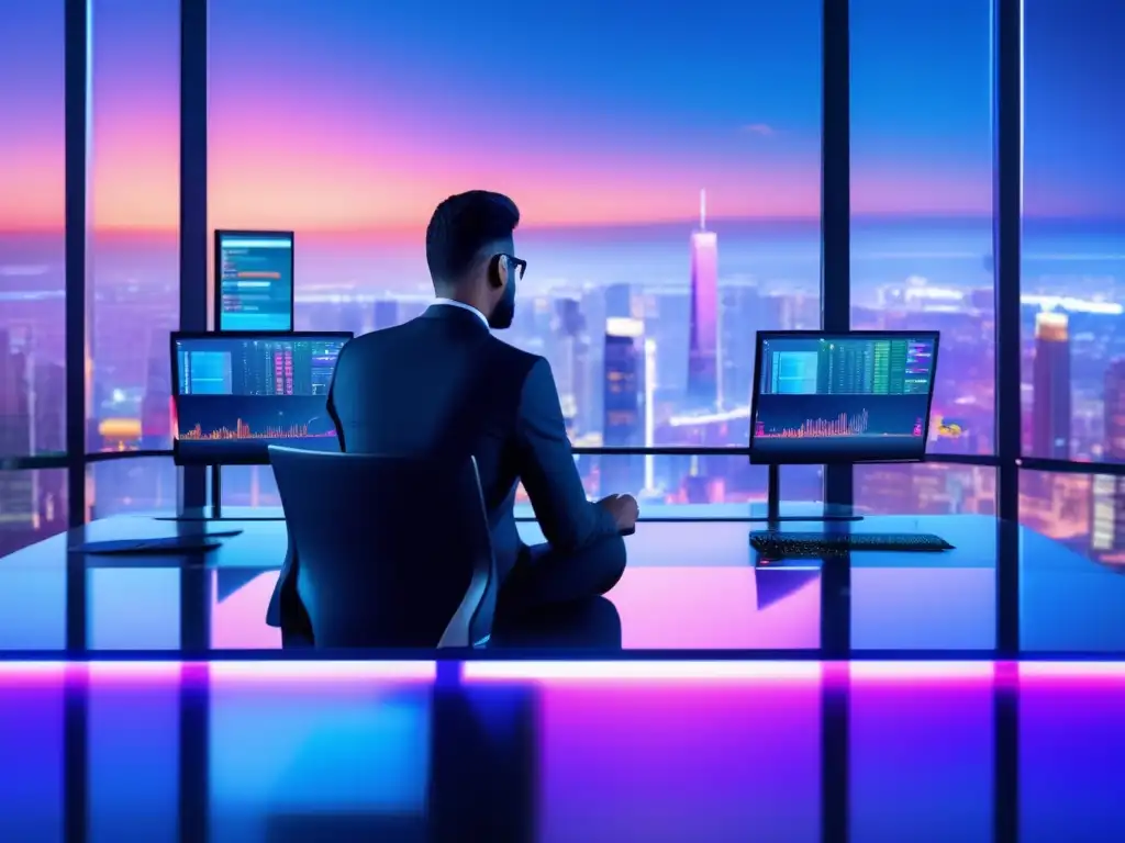 Plataforma de trading futurista con ciudad al fondo Estrategias de trading de criptomonedas rentables en una plataforma futurista con diseño moderno y urbano