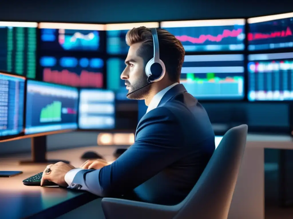 Trader profesional en su escritorio de trading Estrategias para trading rápido: trader enfocado en su moderno escritorio, control y estabilidad emocional