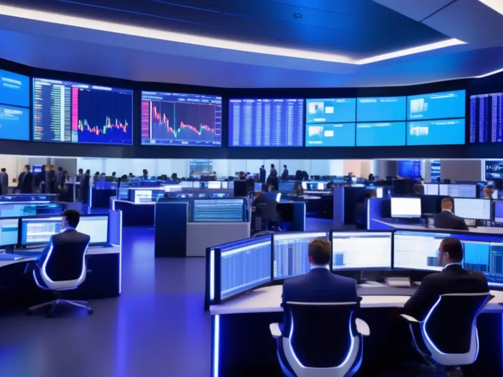 Traders en acción: sala de trading moderna Estrategias de trading con gaps en un piso de operaciones moderno y dinámico