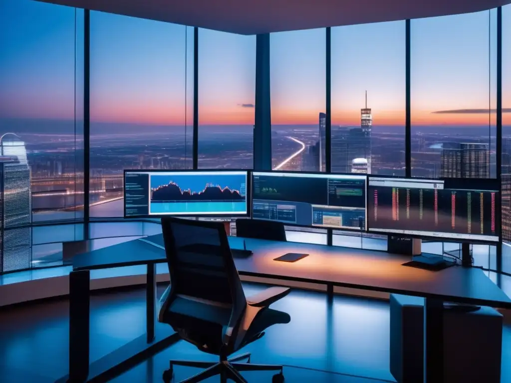 Trading room moderno y profesional Estrategias trading opciones rendimiento superior: Sala de trading moderna con vista a la ciudad, trader enfocado y profesional