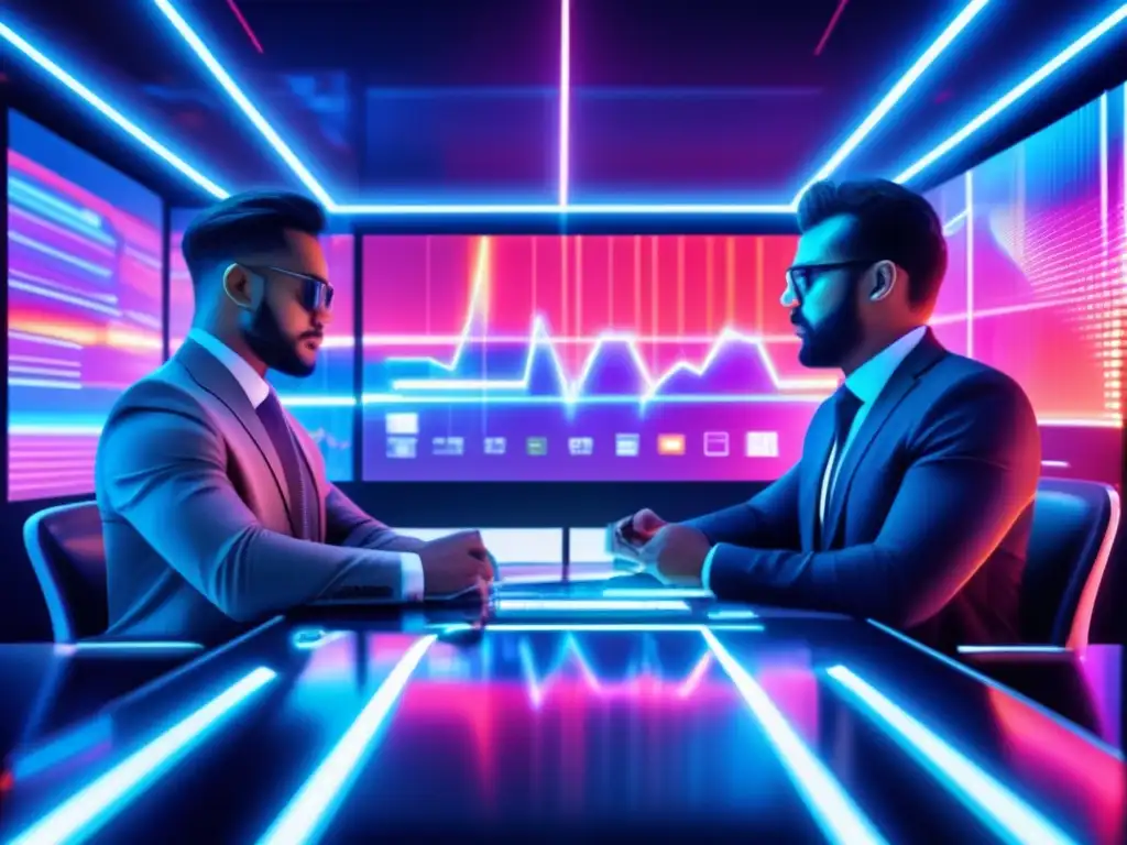 Futuro piso de trading: energía y tecnología Estrategias para trading rápido en un piso futurista de vidrio, tecnología avanzada y ambiente dinámico
