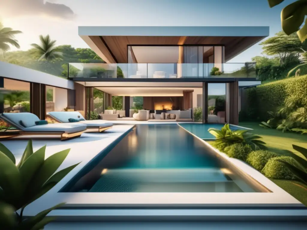 Propiedad de vacaciones lujosa y moderna Estrategias vacacionales: Propiedad de lujo con paisaje idílico, piscina cristalina y arquitectura moderna
