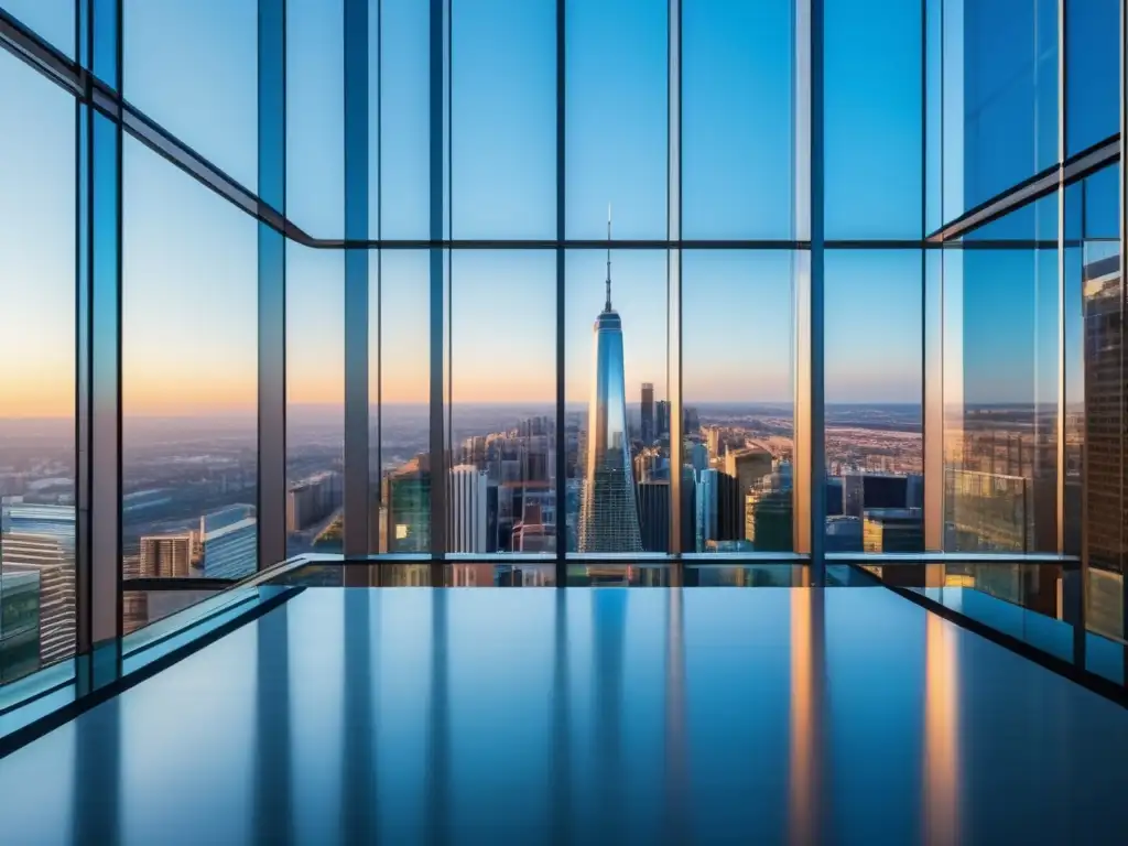 Edificio comercial moderno en vibrante ciudad Estrategias venta propiedades comerciales, edificio contemporáneo con vidrios reflectantes, ciudad vibrante y cielo azul claro