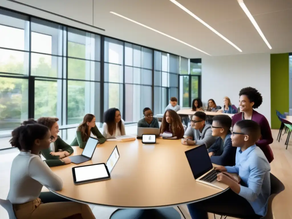 Estudiantes colaborando en aula moderna Estudiantes colaborando en aula moderna con luz natural - Ahorro impuestos educación inversiones