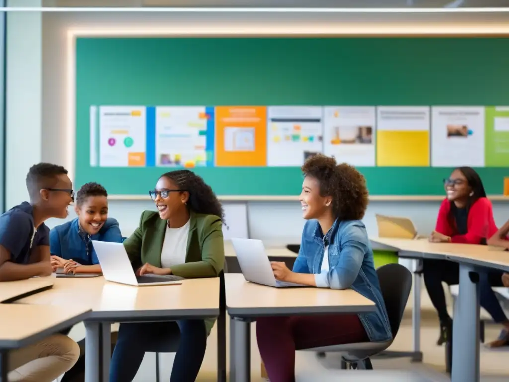 Estudiantes colaborando en un aula moderna Estudiantes en colaboración en aula moderna con tecnología - Startups educativas revolucionando aprendizaje