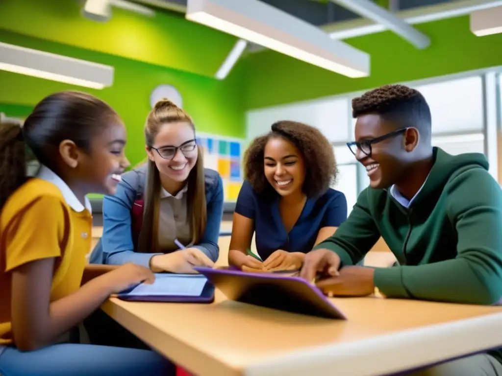Estudiantes colaborativos en aula moderna Estudiantes colaborativos aprendiendo con tecnología moderna - Ventajas de invertir en educación