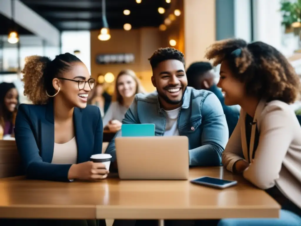 Estudiantes internacionales gestionando sus finanzas Estudiantes universitarios diversos discuten finanzas personales con tarjetas prepagas en un café moderno