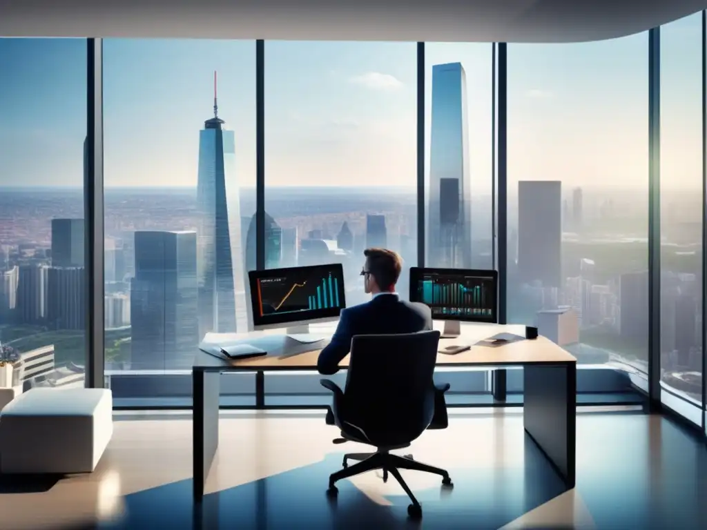Oficina moderna con vista a la ciudad Estudio de Estrategias de inversión para principiantes en oficina moderna y luminosa
