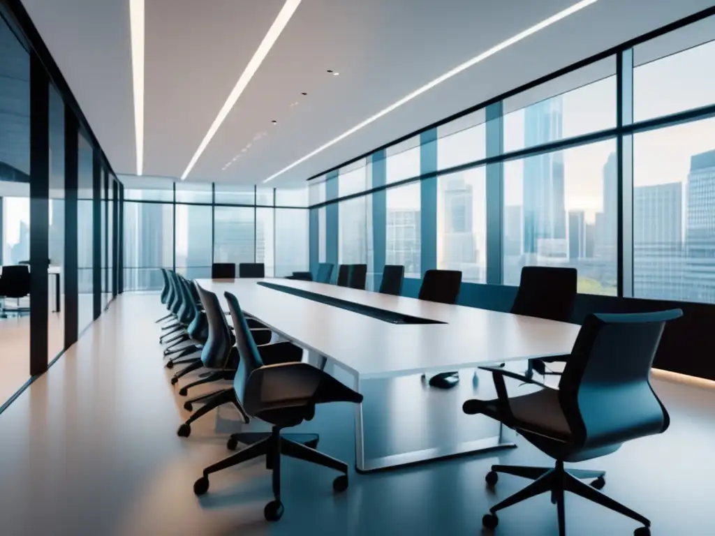 Oficina moderna con ventanales y profesionales discutiendo Inversión en ETFs, análisis y estrategia: moderna oficina con profesionales, gadgets tecnológicos, discusión animada