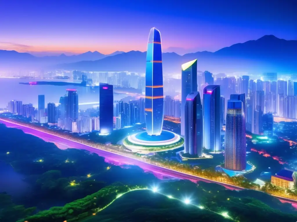 Futuro urbano: arquitectura innovadora y luces vibrantes Guía ETFs en AsiaPacífico inteligente: ciudad futurista con rascacielos innovadores y vibrantes luces, rodeada de exuberante vegetación