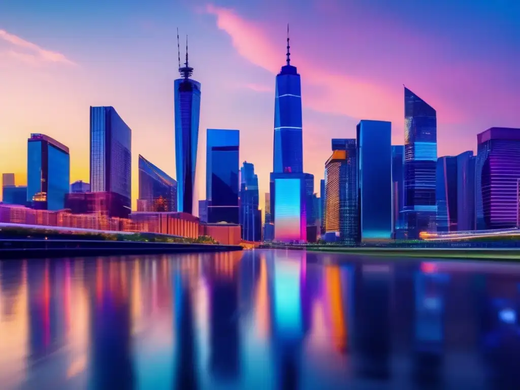 Panorama de ciudad moderna al anochecer con rascacielos brillantes Inversión en ETFs para apostar contra el mercado - Ciudad moderna al atardecer, rascacielos iluminados y personas caminando