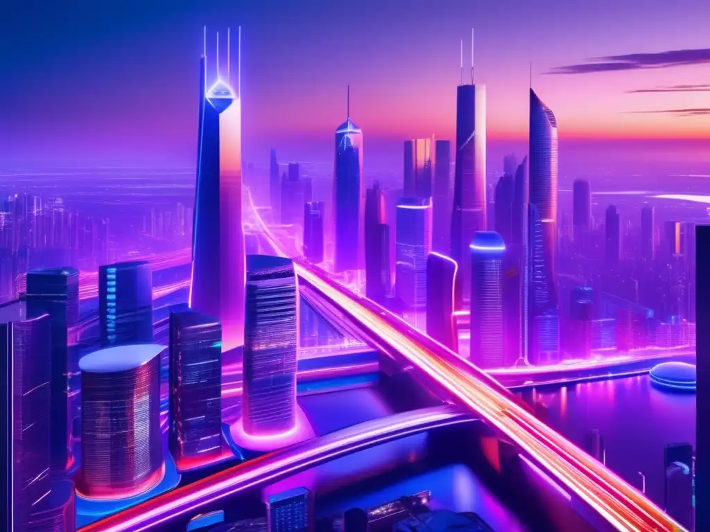 Futuroso paisaje urbano vibrante Invertir en ETFs: Guía para principiantes - Ciudad futurista con rascacielos, arquitectura moderna, luces neón, vehículos y puentes interconectados