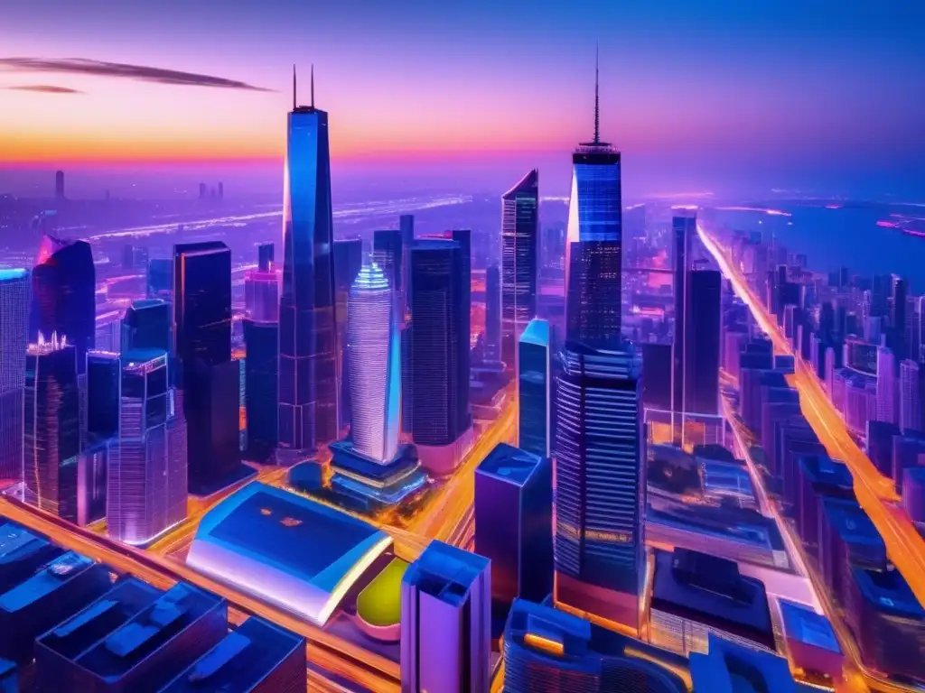 Ciudad moderna al atardecer, vibrante y futurista Invertir en ETFs: Guía para principiantes en una ciudad vibrante y futurista al atardecer