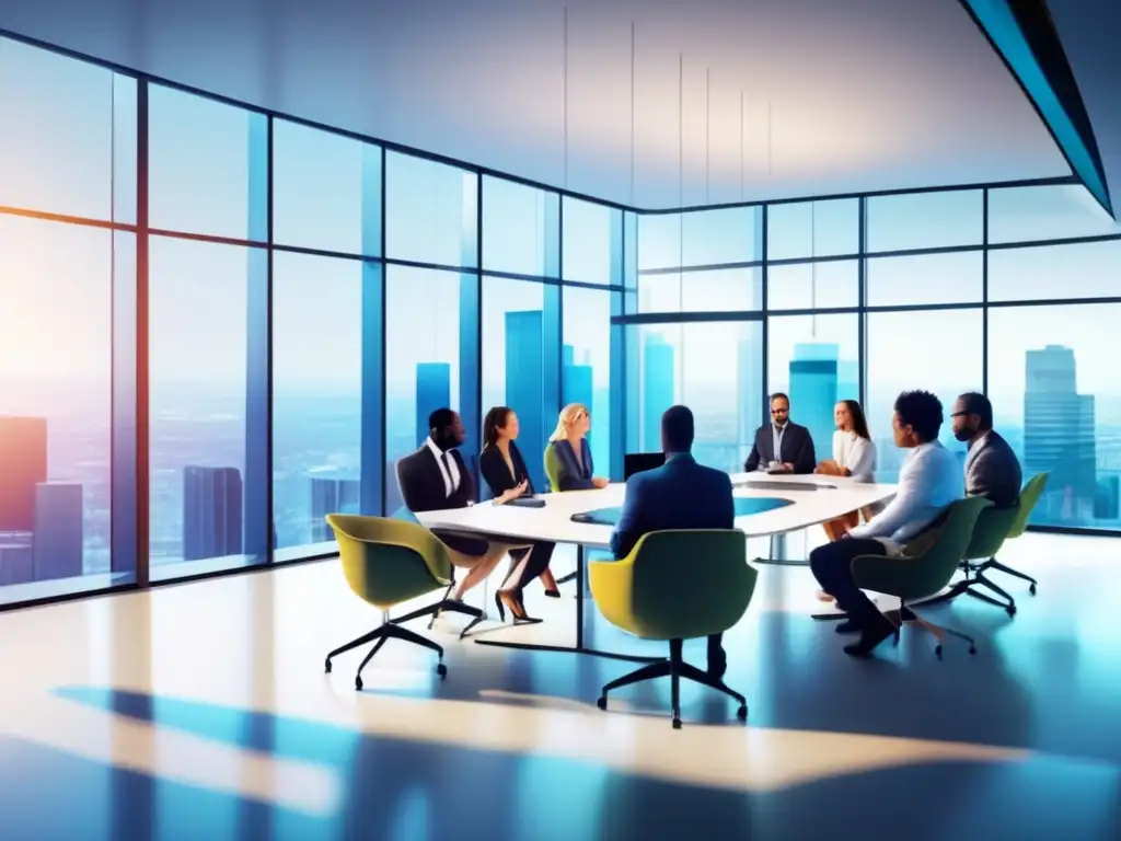 Reunión profesional sobre ETFs Discusión sobre ETFs: profesionales en sala moderna y amplia, vestidos de forma elegante, compartiendo ideas con gráficos en pantalla