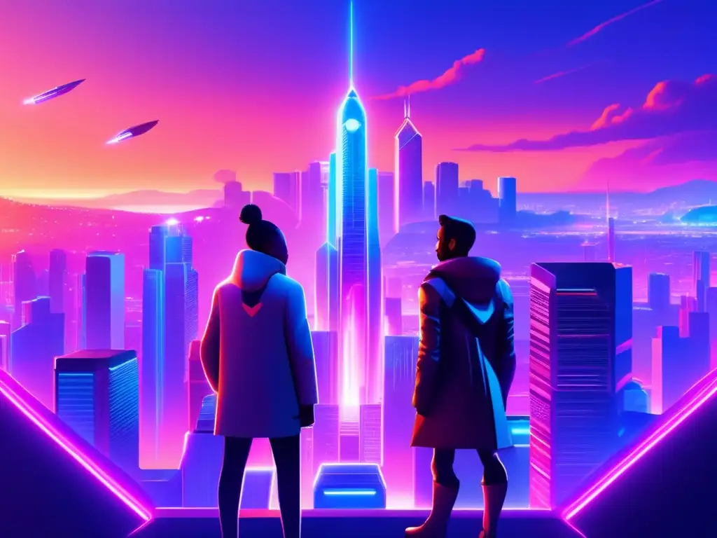 Futuro enfrentamiento: Solana vs Ethereum Solana vs Ethereum: Competencia financiera - Ciudad futurista con rascacielos, neones y figuras colosales representando a Solana y Ethereum