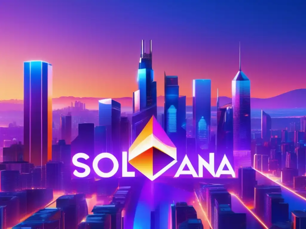Futurista ciudad con Solana y Ethereum Solana vs Ethereum: Competencia financiera en una ciudad futurista con rascacielos y logos vibrantes