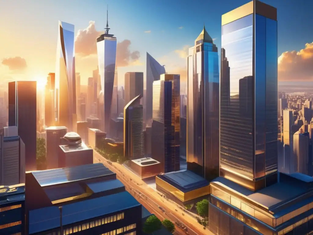 Ciudad moderna y vibrante con profesionales discutiendo inversiones éticas Inversión ética rentabilidad: Ciudad futurista con profesionales discutiendo y gráficos que muestran el impacto positivo de las inversiones éticas