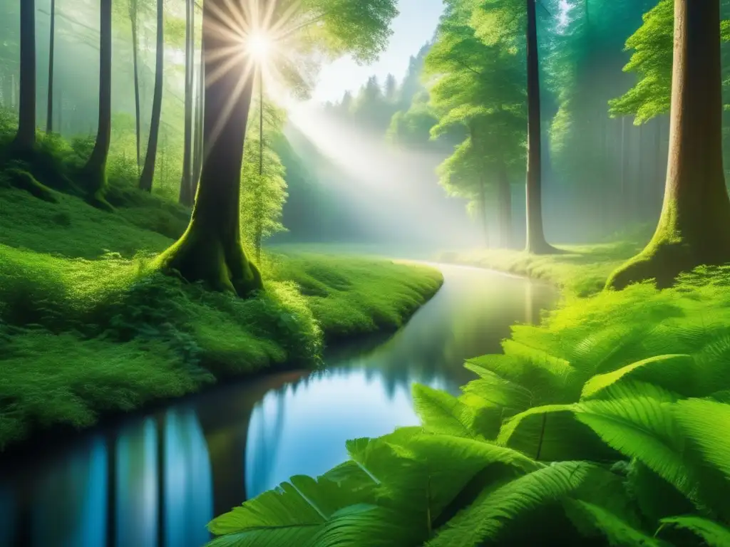 Bosque verde exuberante y sostenible Ética en inversiones responsables: Bosque verde exuberante con árboles majestuosos, luz y sombras, arroyo cristalino