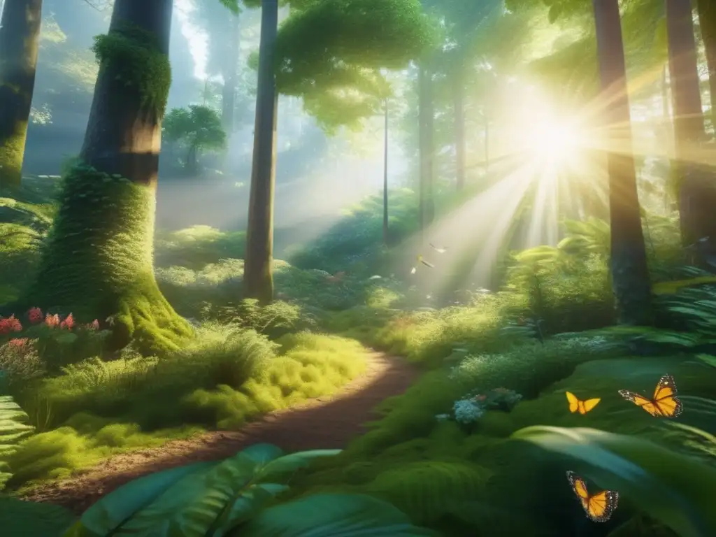 Bosque verde exuberante: armonía y equilibrio Ética en inversiones responsables: Bosque exuberante con árboles altos, vida silvestre y juego de luz y sombra