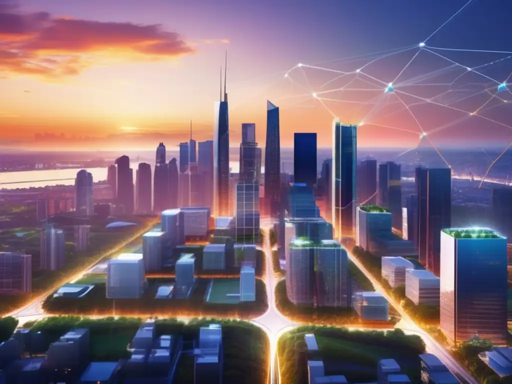 Ciudad sostenible: ética y staking Ética del Staking: inversiones sostenibles en la ciudad moderna al atardecer