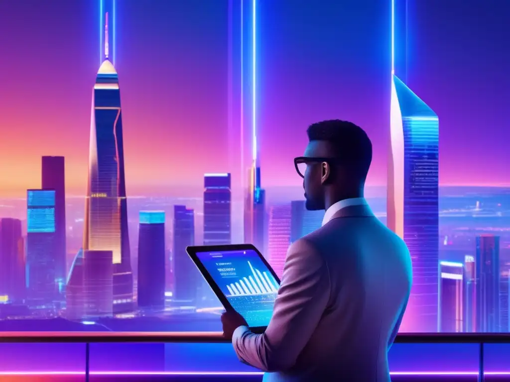 Paisaje financiero futurista de noche Evaluación de fondos de inversión en un paisaje financiero futurista y vibrante con tecnología avanzada