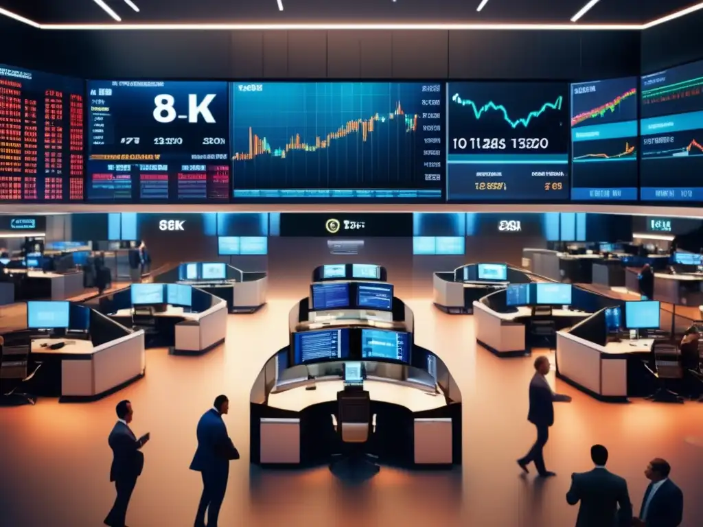 Traders en piso de bolsa moderno Evaluación de fondos de inversión en una vibrante bolsa de valores con arquitectura moderna y traders en trajes elegantes