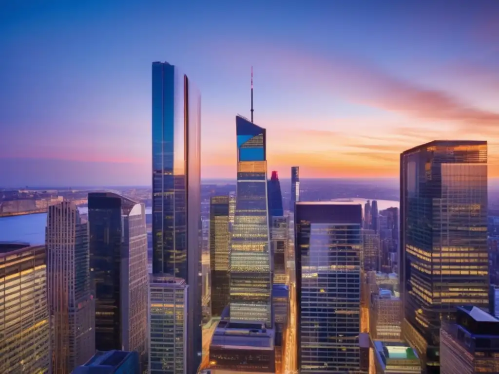 Distrito financiero vibrante al atardecer Evaluación sostenibilidad auge acciones financieras en distrito financiero iluminado al atardecer, reflejando energía y dinamismo del mercado bursátil