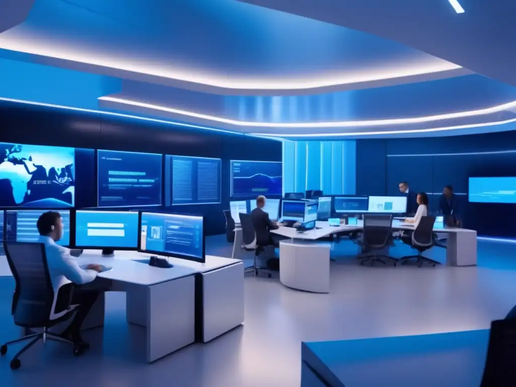 Oficina de intercambio futurista con profesionales diligentes Un exchange moderno con profesionales trabajando en medidas antilavado de dinero