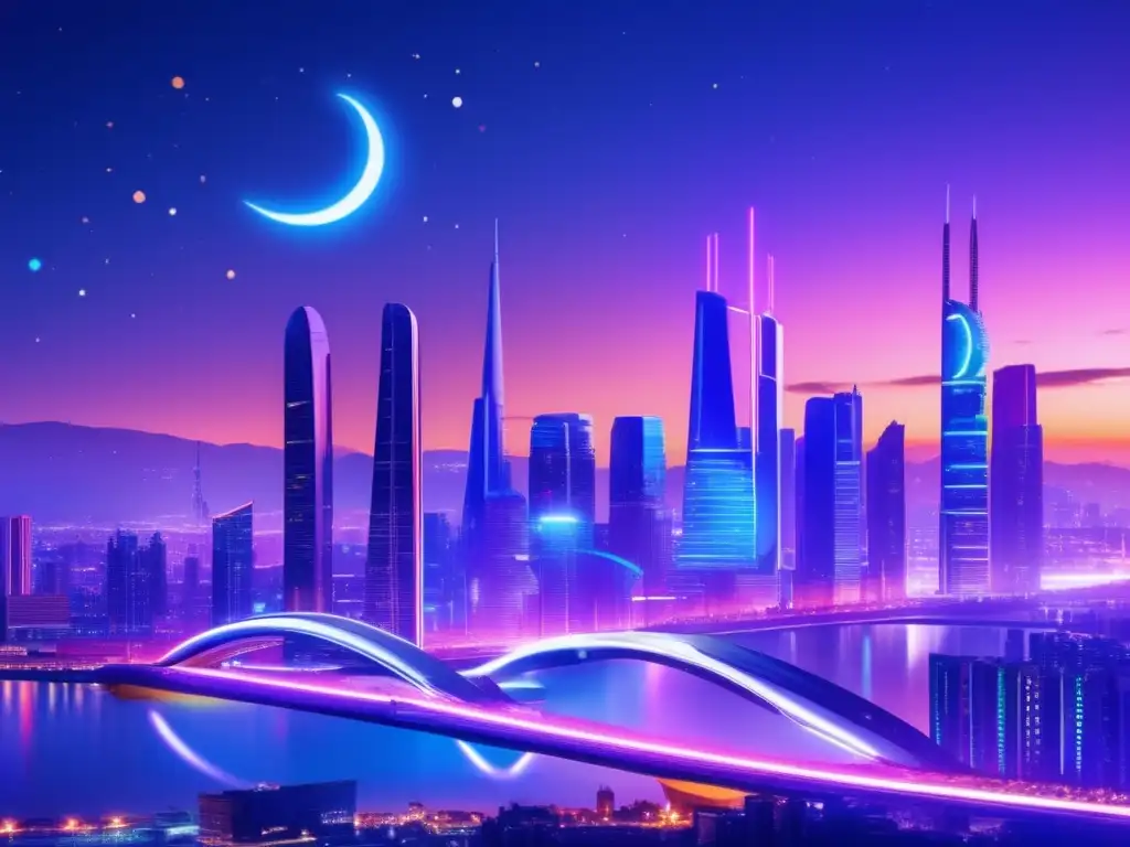 Ciudad futurista al atardecer Exchanges emergentes: una ciudad futurista con rascacielos iluminados y puentes conectados