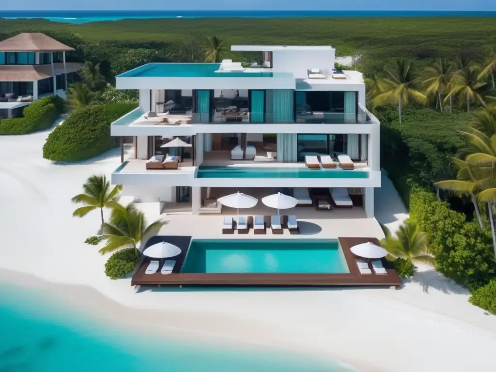 Exclusiva propiedad de vacaciones en la playa The image showcases a luxurious beachfront vacation property, highlighting the allure of investing in vacation properties through real estate agencies