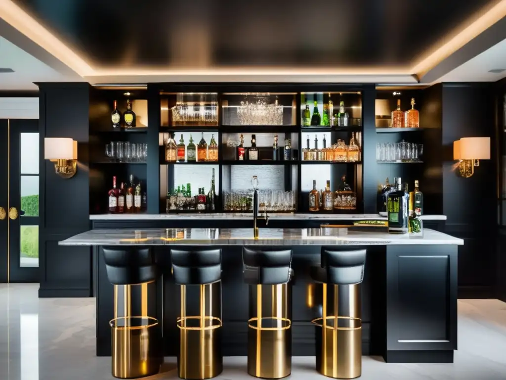 Un bar de lujo con una selección exclusiva de ginebra, vodka y ron Un exclusivo bar de casa con destilados premium invita a invertir en sofisticación