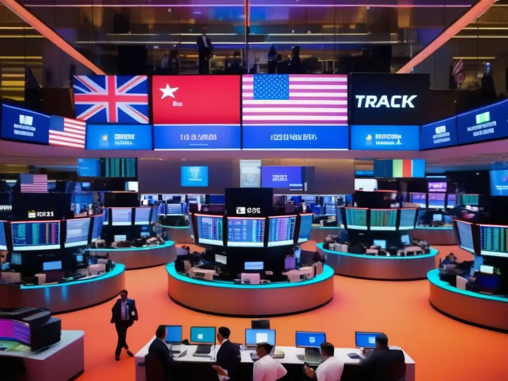 Piso de bolsa global iluminado en neon Éxito en inversiones a través de idiomas y culturas